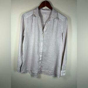 120% Lino Flax Linen Long Sleeve Top Mother Of Pearl Buttons 42 Small Beige